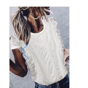 Chic Lace Trim Ivory Blouse